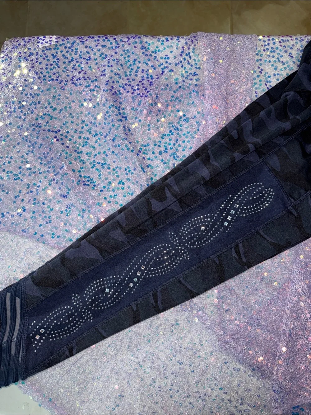2561-Kathmandu Women's Black and Navy Camouflage Leggings with Rhinestone Panels